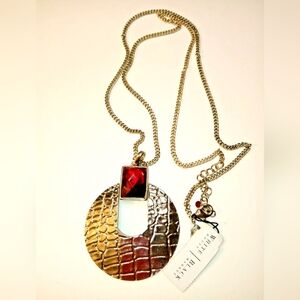 White House Black Market Long Gold Tone and Red Pendant Necklace NWT